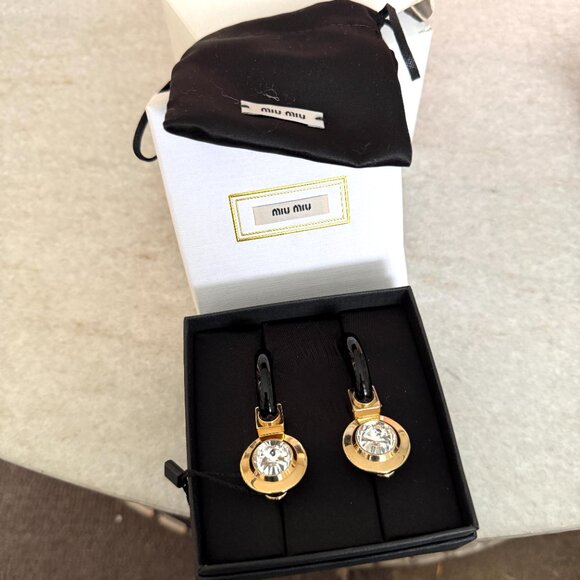 Miu Miu SIO079 Plex Circle Cry Gold & Black Circle Crystal Acetate Drop Earrings - Picture 8 of 11